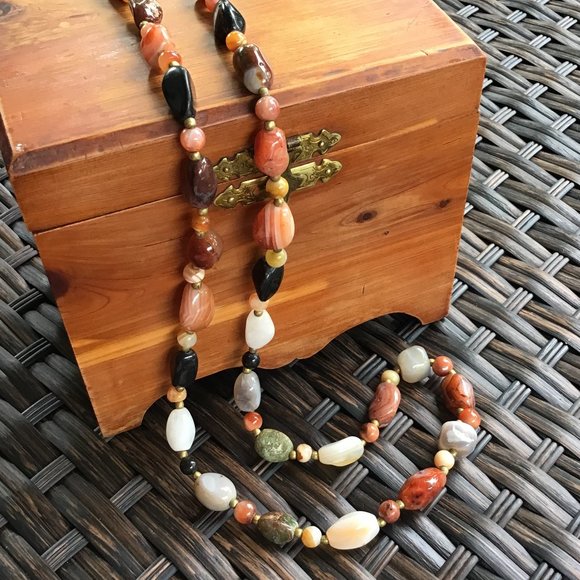 Vintage Polished Gemstone Beaded Necklace 34" Long Weighty Earth Tones - Picture 6 of 16